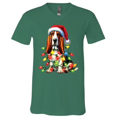 Christmas Lights Pet Animal Basset Hound Dog Lover Santa Hat Gift V-Neck T-Shirt