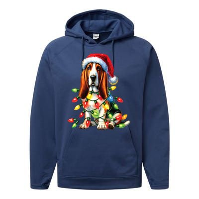 Christmas Lights Pet Animal Basset Hound Dog Lover Santa Hat Gift Performance Fleece Hoodie