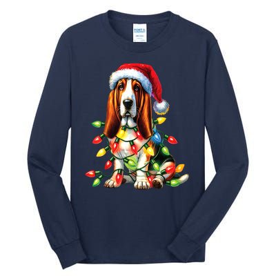 Christmas Lights Pet Animal Basset Hound Dog Lover Santa Hat Gift Tall Long Sleeve T-Shirt