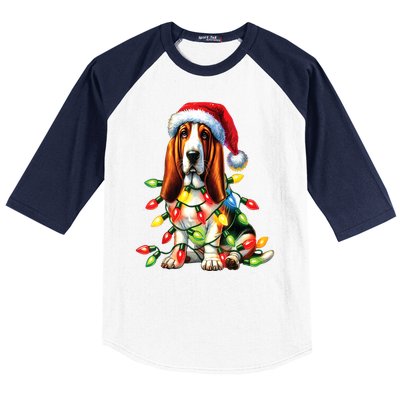 Christmas Lights Pet Animal Basset Hound Dog Lover Santa Hat Gift Baseball Sleeve Shirt