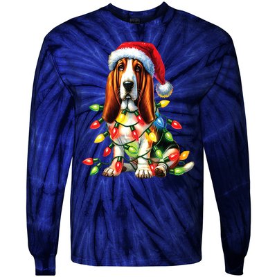 Christmas Lights Pet Animal Basset Hound Dog Lover Santa Hat Gift Tie-Dye Long Sleeve Shirt