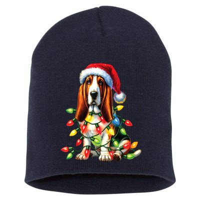 Christmas Lights Pet Animal Basset Hound Dog Lover Santa Hat Gift Short Acrylic Beanie