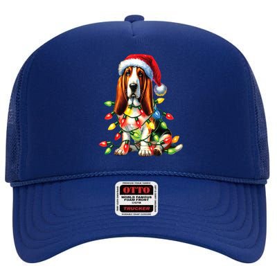 Christmas Lights Pet Animal Basset Hound Dog Lover Santa Hat Gift High Crown Mesh Back Trucker Hat