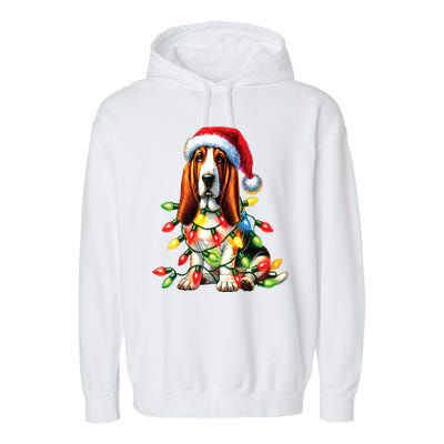 Christmas Lights Pet Animal Basset Hound Dog Lover Santa Hat Gift Garment-Dyed Fleece Hoodie