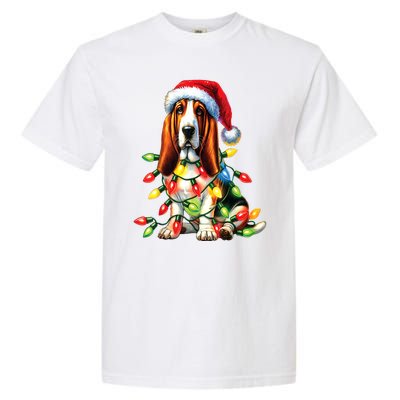 Christmas Lights Pet Animal Basset Hound Dog Lover Santa Hat Gift Garment-Dyed Heavyweight T-Shirt