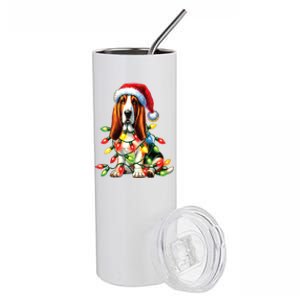 Christmas Lights Pet Animal Basset Hound Dog Lover Santa Hat Gift Stainless Steel Tumbler