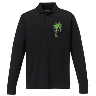 Christmas Lights Palm Tree Beach Funny Tropical Xmas Gift Cute Gift Performance Long Sleeve Polo