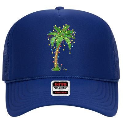 Christmas Lights Palm Tree Beach Funny Tropical Xmas Gift Cute Gift High Crown Mesh Back Trucker Hat