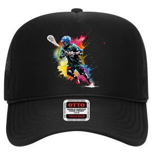 Colorful Lacrosse Player Boy On Lacrosse High Crown Mesh Back Trucker Hat