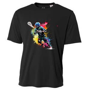 Colorful Lacrosse Player Boy On Lacrosse Cooling Performance Crew T-Shirt