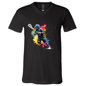 Colorful Lacrosse Player Boy On Lacrosse V-Neck T-Shirt