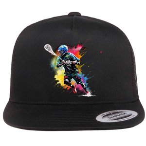 Colorful Lacrosse Player Boy On Lacrosse Flat Bill Trucker Hat