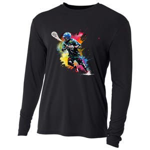 Colorful Lacrosse Player Boy On Lacrosse Cooling Performance Long Sleeve Crew