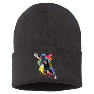 Colorful Lacrosse Player Boy On Lacrosse Sustainable Knit Beanie