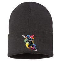 Colorful Lacrosse Player Boy On Lacrosse Sustainable Knit Beanie