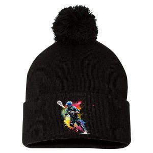 Colorful Lacrosse Player Boy On Lacrosse Pom Pom 12in Knit Beanie