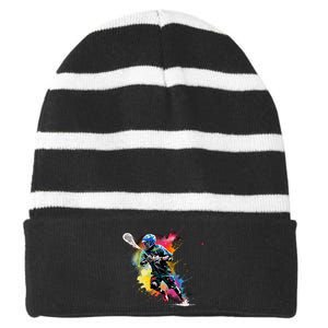 Colorful Lacrosse Player Boy On Lacrosse Striped Beanie with Solid Band