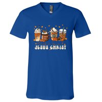 Coffee Latte Pumpkin Spice Jesus Christ Thanksgiving Fall V-Neck T-Shirt