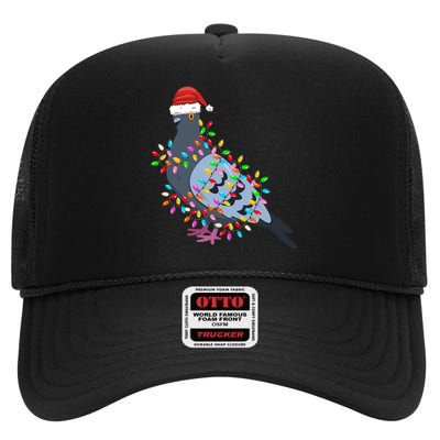 Christmas Lights Pigeon Wearing Xmas Hat Pigeon Lover Long Sleeve High Crown Mesh Back Trucker Hat