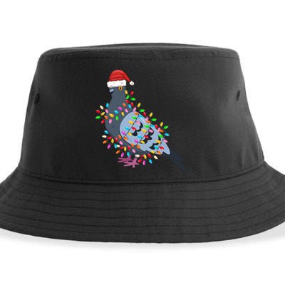 Christmas Lights Pigeon Wearing Xmas Hat Pigeon Lover Long Sleeve Sustainable Bucket Hat