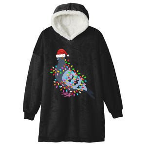 Christmas Lights Pigeon Wearing Xmas Hat Pigeon Lover Long Sleeve Hooded Wearable Blanket