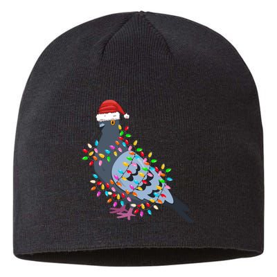 Christmas Lights Pigeon Wearing Xmas Hat Pigeon Lover Long Sleeve Sustainable Beanie