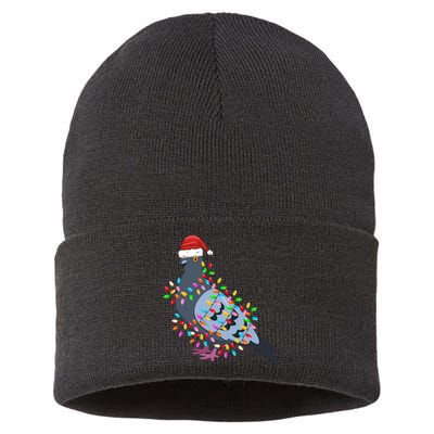 Christmas Lights Pigeon Wearing Xmas Hat Pigeon Lover Long Sleeve Sustainable Knit Beanie