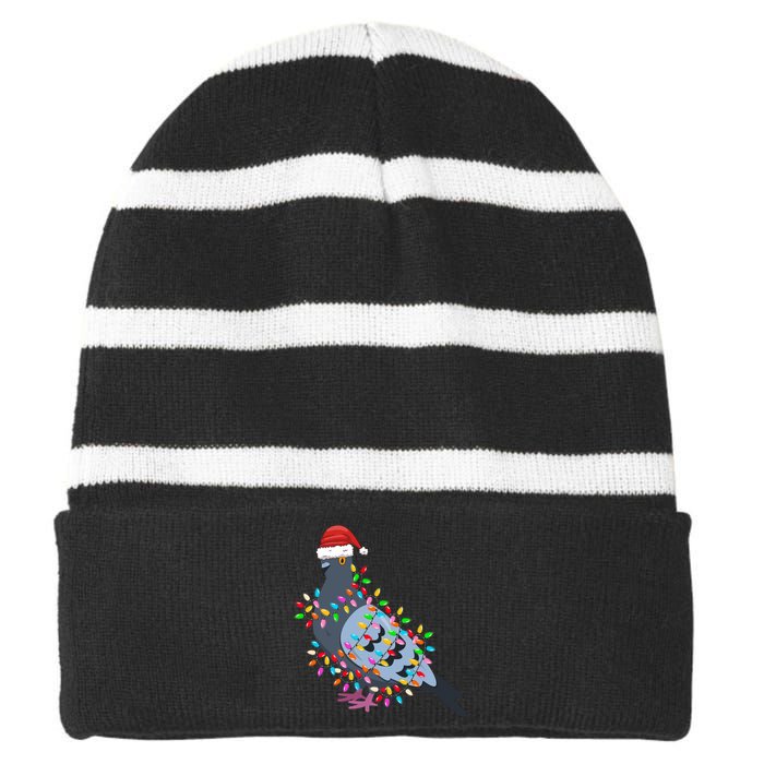 Christmas Lights Pigeon Wearing Xmas Hat Pigeon Lover Long Sleeve Striped Beanie with Solid Band