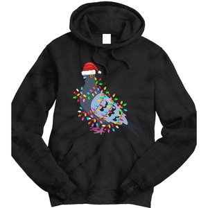 Christmas Lights Pigeon Wearing Xmas Hat Pigeon Lover Long Sleeve Tie Dye Hoodie