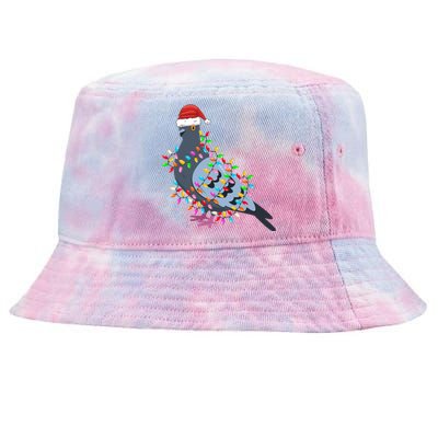 Christmas Lights Pigeon Wearing Xmas Hat Pigeon Lover Long Sleeve Tie-Dyed Bucket Hat