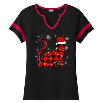 Cat Lover Plaid Holiday Festive Ladies Halftime Notch Neck Tee