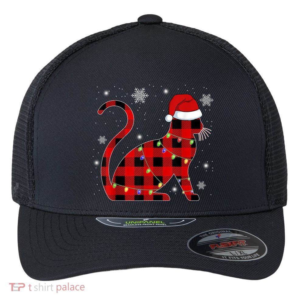 Cat Lover Plaid Holiday Festive Flexfit Unipanel Trucker Cap