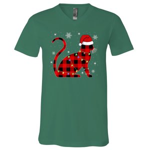 Cat Lover Plaid Holiday Festive V-Neck T-Shirt