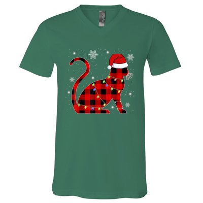 Cat Lover Plaid Holiday Festive V-Neck T-Shirt