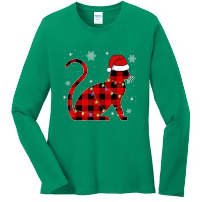 Cat Lover Plaid Holiday Festive Ladies Long Sleeve Shirt