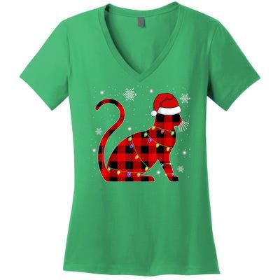 Cat Lover Plaid Holiday Festive Women's V-Neck T-Shirt