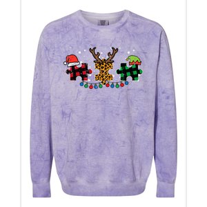 Christmas Leopard Plaid Puzzle Autism Xmas Colorblast Crewneck Sweatshirt