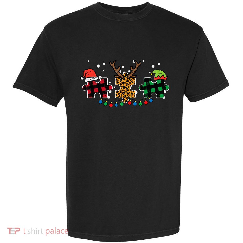 Christmas Leopard Plaid Puzzle Autism Xmas Garment-Dyed Heavyweight T-Shirt