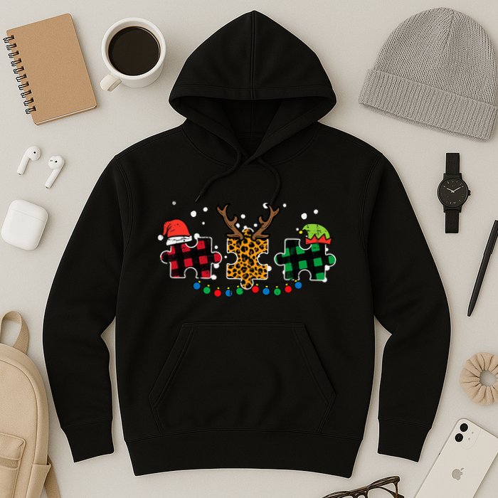 Christmas Leopard Plaid Puzzle Autism Xmas Hoodie