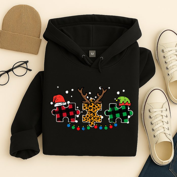 Christmas Leopard Plaid Puzzle Autism Xmas Hoodie