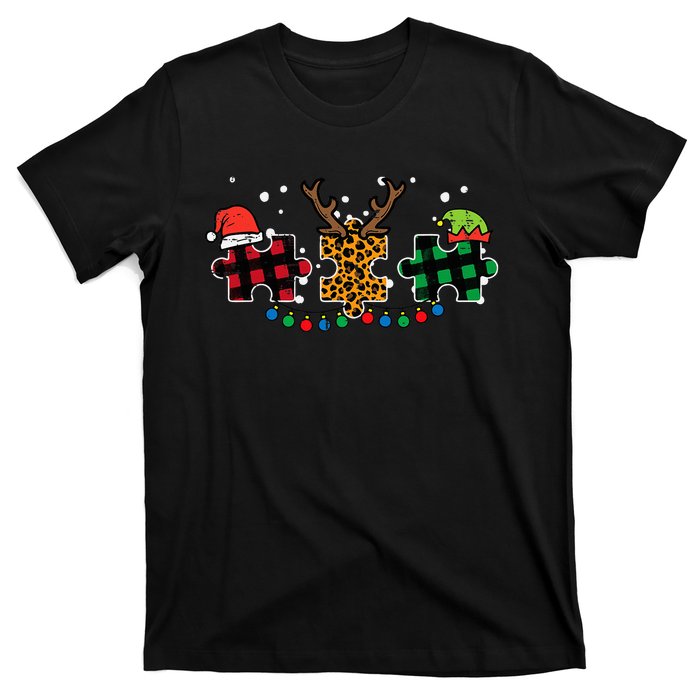 Christmas Leopard Plaid Puzzle Autism Xmas T-Shirt