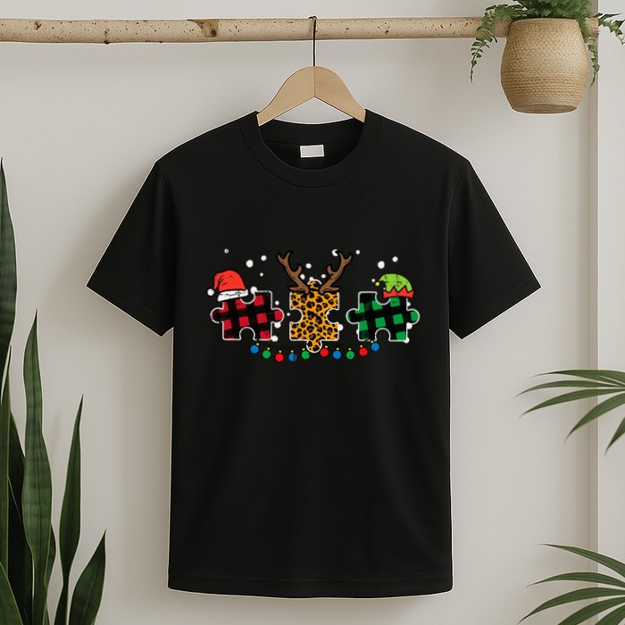 Christmas Leopard Plaid Puzzle Autism Xmas T-Shirt
