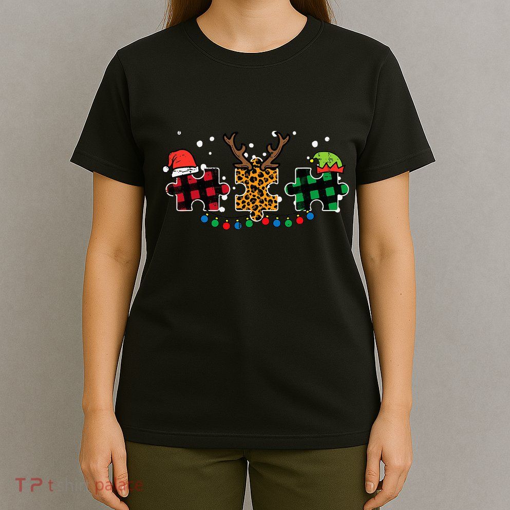 Christmas Leopard Plaid Puzzle Autism Xmas T-Shirt