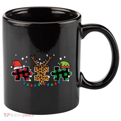 Christmas Leopard Plaid Puzzle Autism Xmas 11oz C Handle Ceramic Mug