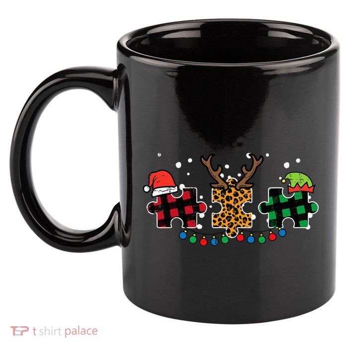 Christmas Leopard Plaid Puzzle Autism Xmas 11oz C Handle Ceramic Mug