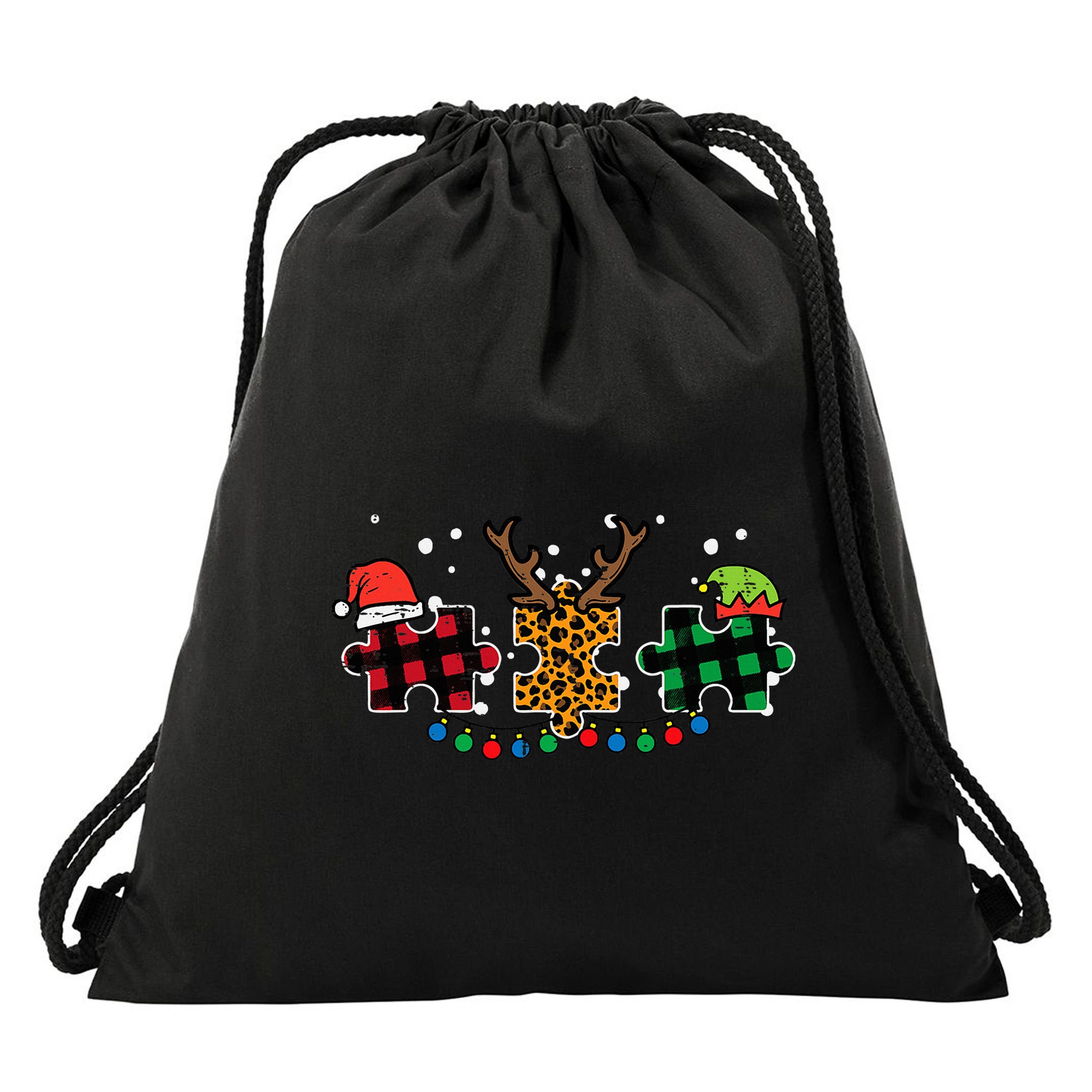 Christmas Leopard Plaid Puzzle Autism Xmas Drawstring Bag