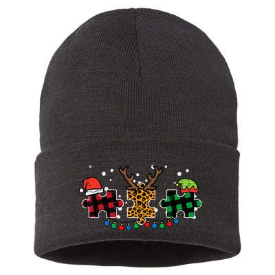 Christmas Leopard Plaid Puzzle Autism Xmas Sustainable Knit Beanie