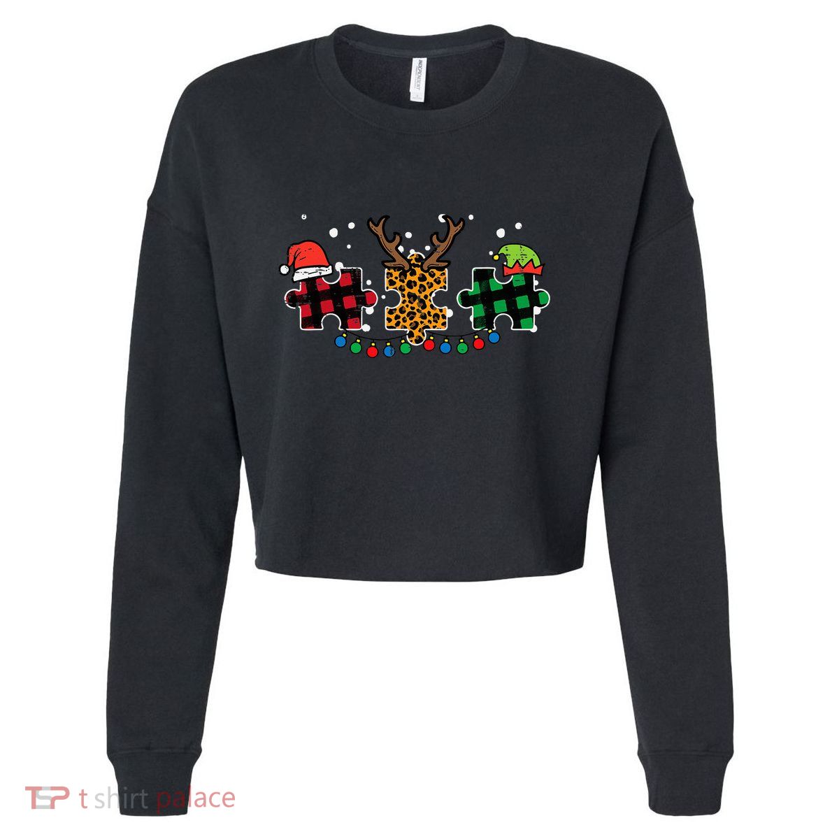 Christmas Leopard Plaid Puzzle Autism Xmas Cropped Pullover Crew