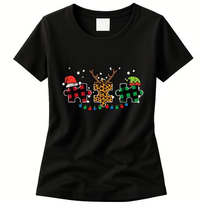Christmas Leopard Plaid Puzzle Autism Xmas Womens T-Shirt
