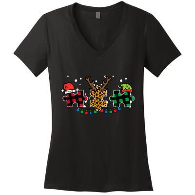 Christmas Leopard Plaid Puzzle Autism Xmas Women's V-Neck T-Shirt